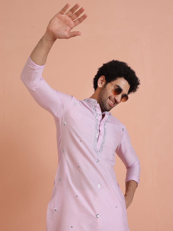 Light Cotton Blend Kurta with Embroidered Neckline and Cream Trousers