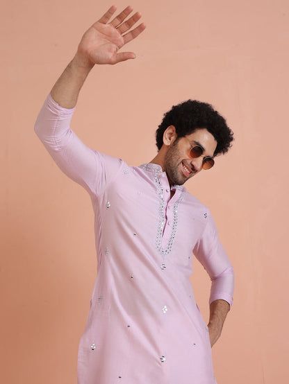 Light Cotton Blend Kurta with Embroidered Neckline and Cream Trousers