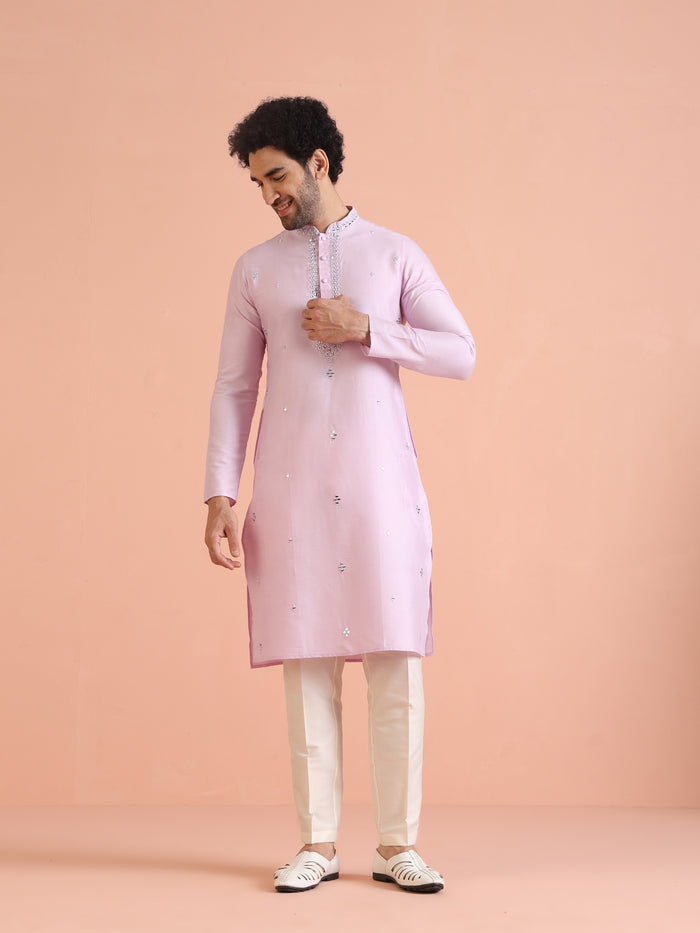 Light Cotton Blend Kurta with Embroidered Neckline and Cream Trousers