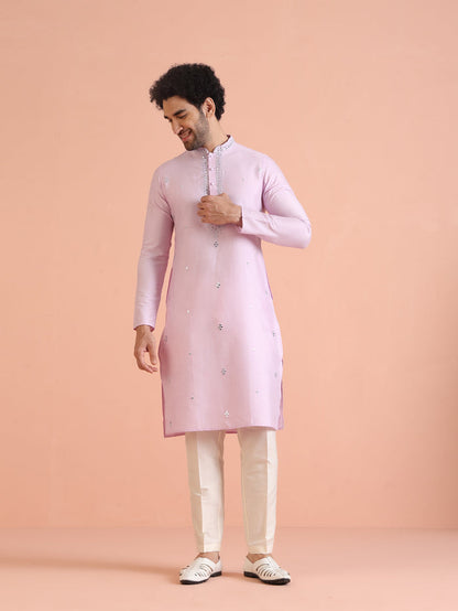 Light Cotton Blend Kurta with Embroidered Neckline and Cream Trousers