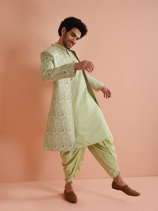 Light Green Silk Blend Embroidered Sherwani Dhoti Set