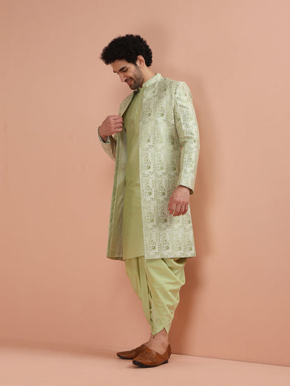 Light Green Silk Blend Embroidered Sherwani Dhoti Set