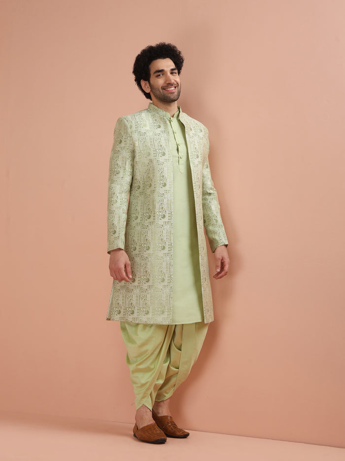 Light Green Silk Blend Embroidered Sherwani Dhoti Set