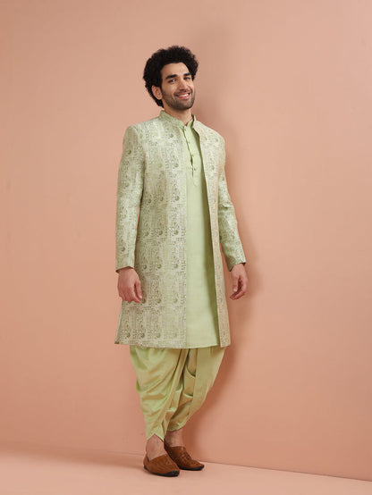 Light Green Silk Blend Embroidered Sherwani Dhoti Set