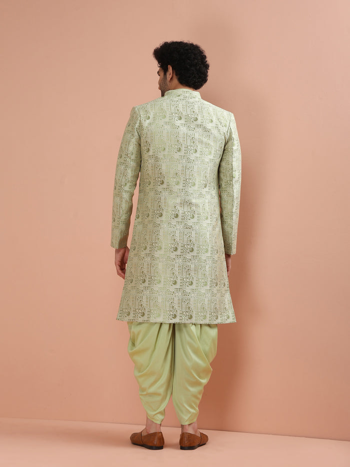 Light Green Silk Blend Embroidered Sherwani Dhoti Set