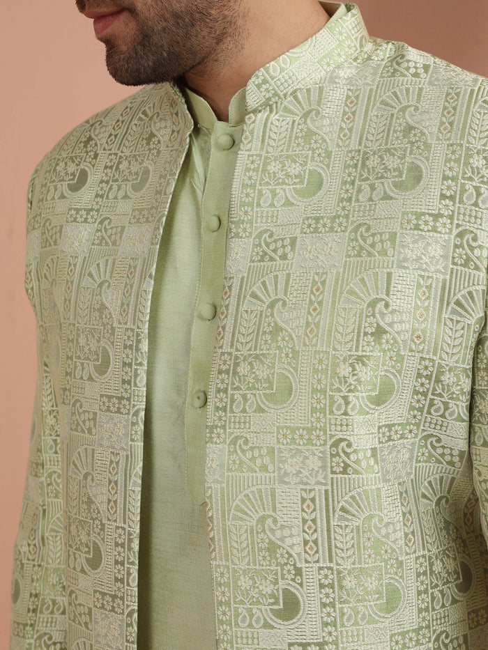 Light Green Silk Blend Embroidered Sherwani Dhoti Set