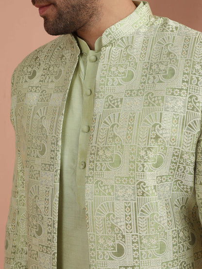 Light Green Silk Blend Embroidered Sherwani Dhoti Set