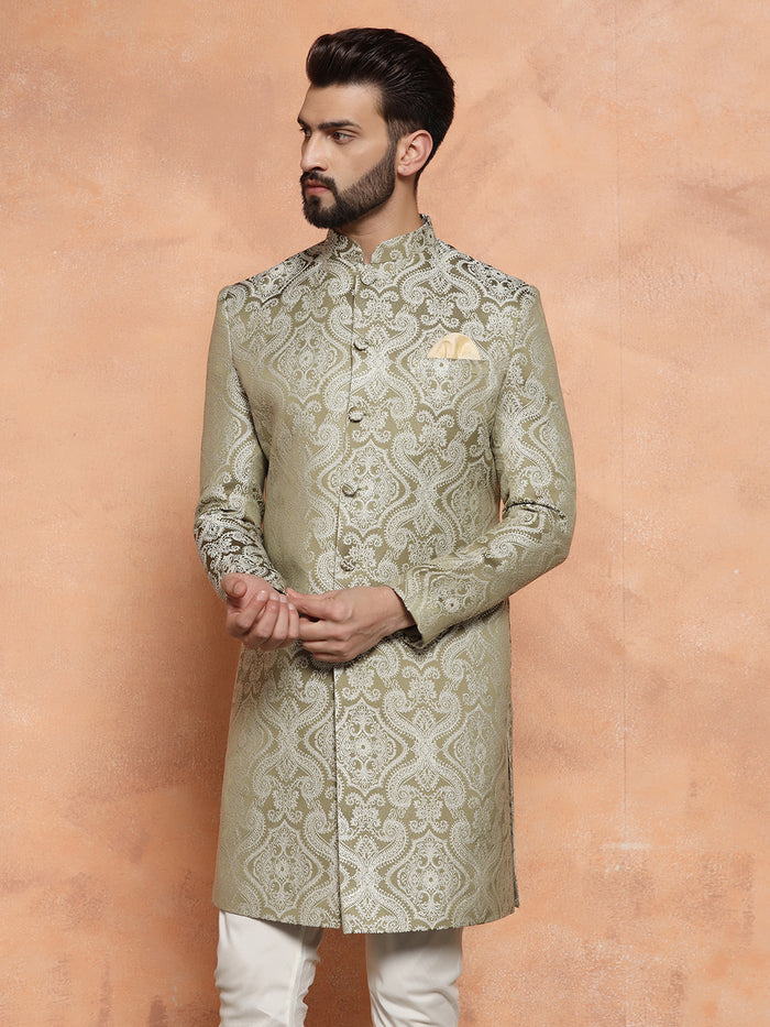 Light Green Textured Sherwani Churidar Set