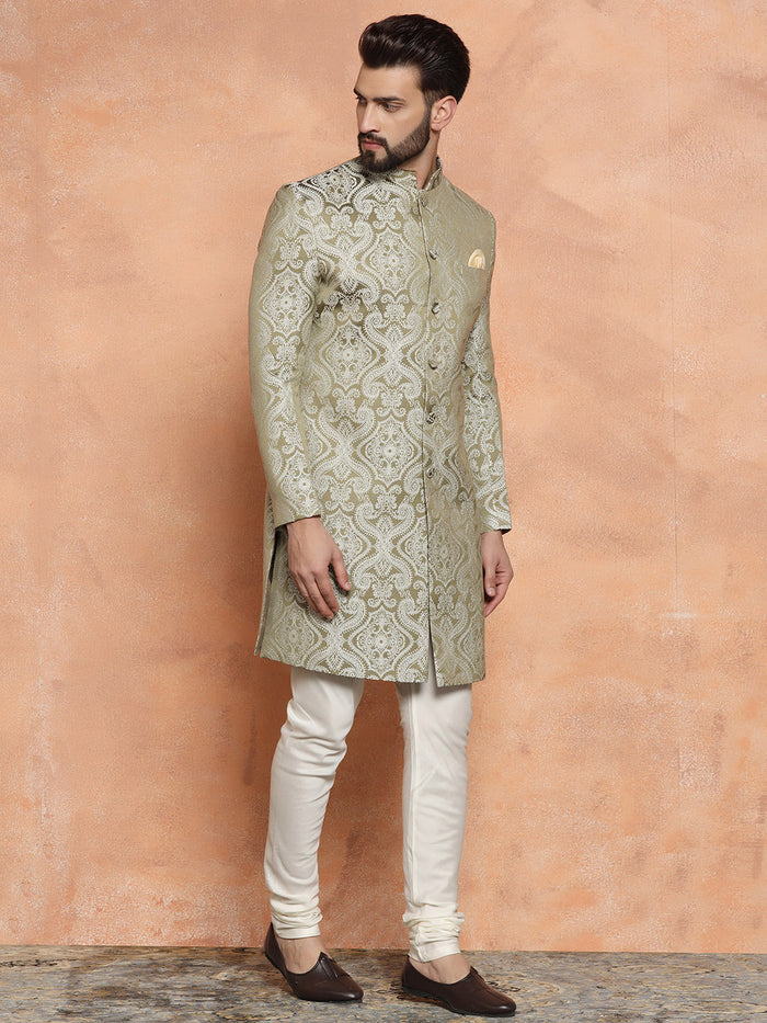 Light Green Textured Sherwani Churidar Set