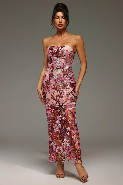Lily Floral Sequin Strapless Mesh Gown