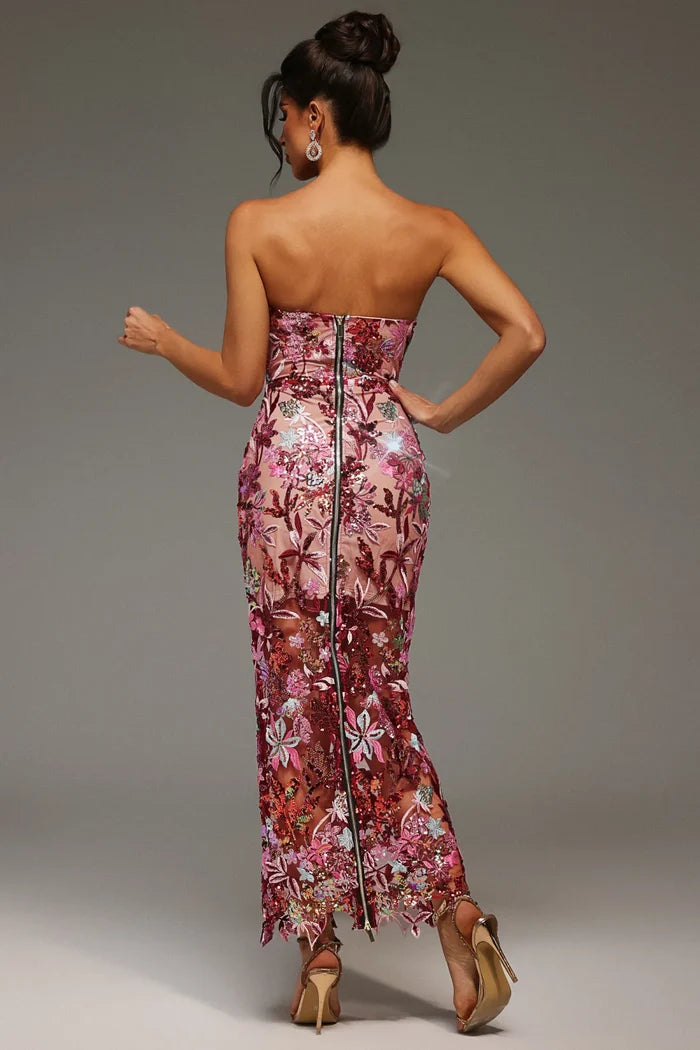 Lily Floral Sequin Strapless Mesh Gown