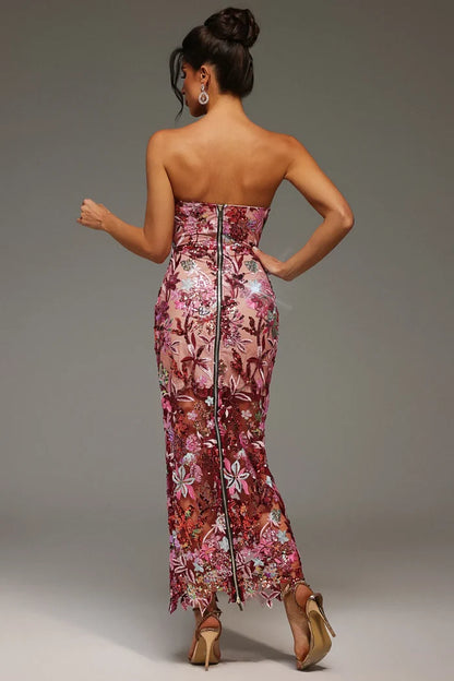 Lily Floral Sequin Strapless Mesh Gown