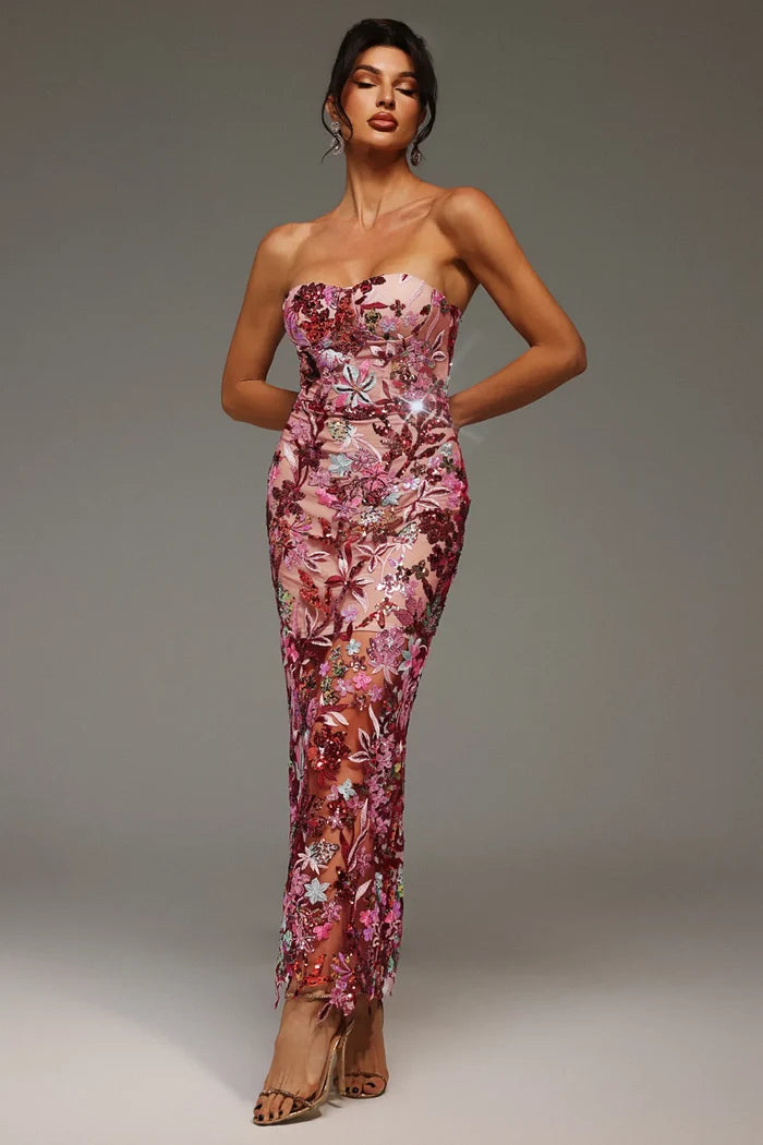 Lily Floral Sequin Strapless Mesh Gown