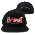 Black YP Classics embroidered snapback hat featuring “Detriment, Long Island, New York” in white and red on the front, with “Unbeaten Records” in white above the adjustable snapback closure.