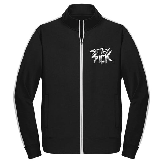 Stay Sick Clothing’s black track jacket features white piping along the zipper and sleeves, plus a bold white “Stay Sick” logo on the left chest. Shown on a white background.