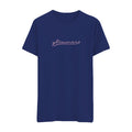 A plain navy blue t-shirt from glimmers featuring their brand name in white cursive text outlined in red across the chest.