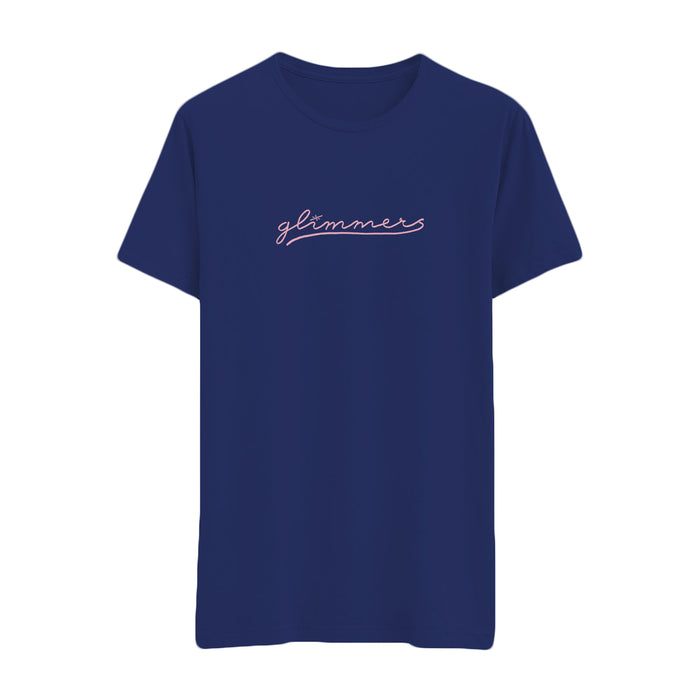 A plain navy blue t-shirt from glimmers featuring their brand name in white cursive text outlined in red across the chest.