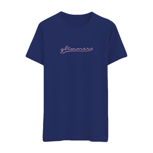A plain navy blue t-shirt from glimmers featuring their brand name in white cursive text outlined in red across the chest.