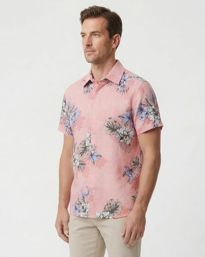 LOIC EXOTIC FLORAL CORAL MENS LINEN PRINTED SHIRT