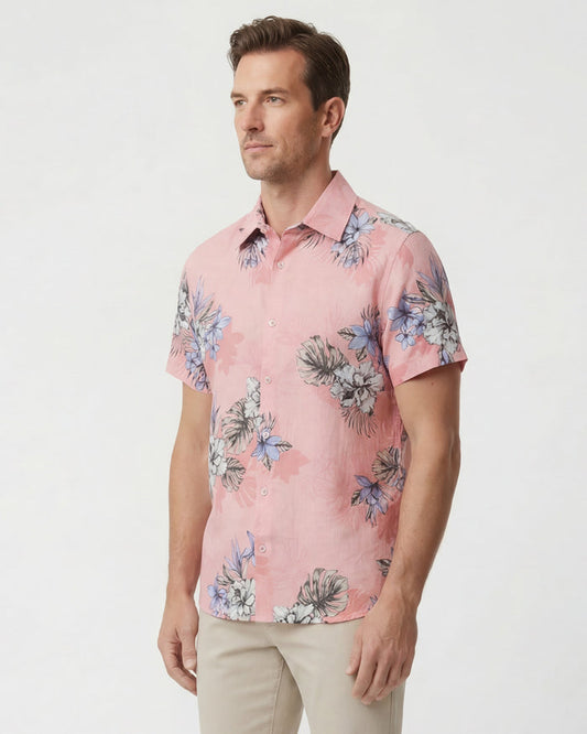 LOIC EXOTIC FLORAL CORAL MENS LINEN PRINTED SHIRT