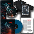 Nerv merch bundle with Lost album Blue Vinyl LP, CD, cover art of a hand gripping red threads, two shirts featuring album design, a signed lyric sheet, and a signed card.