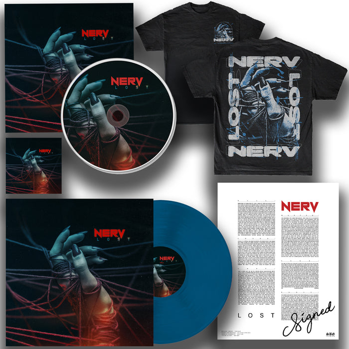 Nerv merch bundle with Lost album Blue Vinyl LP, CD, cover art of a hand gripping red threads, two shirts featuring album design, a signed lyric sheet, and a signed card.