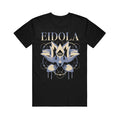 Eidola black Gildan T-shirt featuring EIDOLA in bold above a detailed abstract lotus with geometric patterns and a central eye. Made from 100% cotton, classic fit, available in beige, gray, and blue tones.