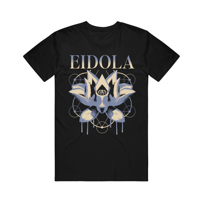 Eidola black Gildan T-shirt featuring EIDOLA in bold above a detailed abstract lotus with geometric patterns and a central eye. Made from 100% cotton, classic fit, available in beige, gray, and blue tones.