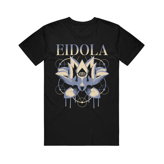 Eidola black Gildan T-shirt featuring EIDOLA in bold above a detailed abstract lotus with geometric patterns and a central eye. Made from 100% cotton, classic fit, available in beige, gray, and blue tones.