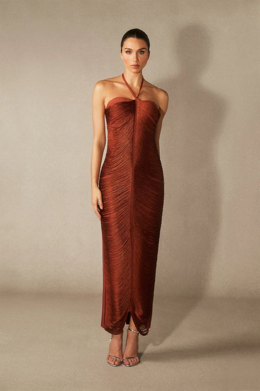Louisa Ember Ruched Halter Maxi Dress