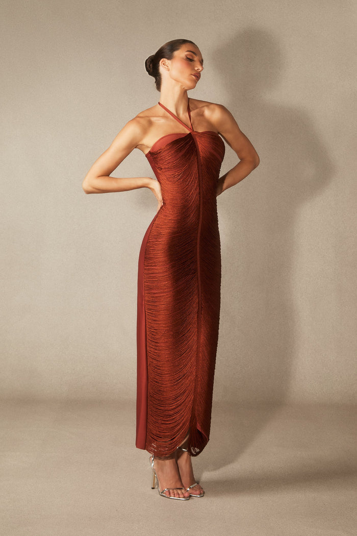 Louisa Ember Ruched Halter Maxi Dress