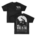 Woe Is Me black T-shirt featuring Woe Is Me text and a grayscale image of a person raising an arm on both sides. Back includes DAYBREAK | 2025 | LP3 and graphics—ideal for fans awaiting LP3 or collecting black vinyl editions.