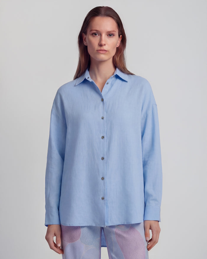 LYDIA CROCHET BLUE WOMENS RELAXED LINEN SHIRT
