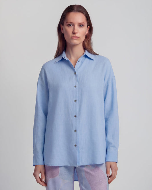 LYDIA CROCHET BLUE WOMENS RELAXED LINEN SHIRT