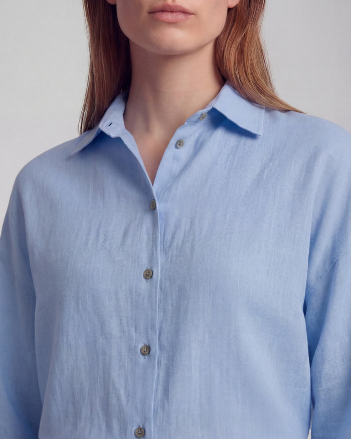 LYDIA CROCHET BLUE WOMENS RELAXED LINEN SHIRT