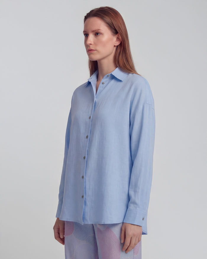 LYDIA CROCHET BLUE WOMENS RELAXED LINEN SHIRT