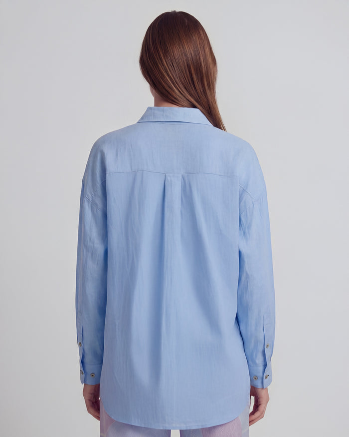 LYDIA CROCHET BLUE WOMENS RELAXED LINEN SHIRT