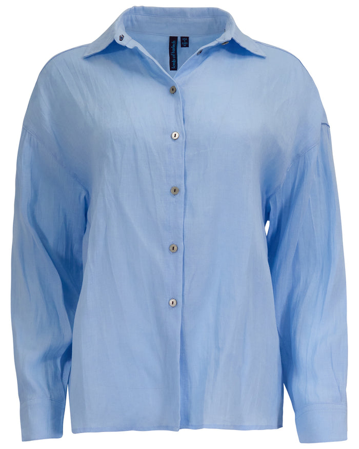 LYDIA CROCHET BLUE WOMENS RELAXED LINEN SHIRT
