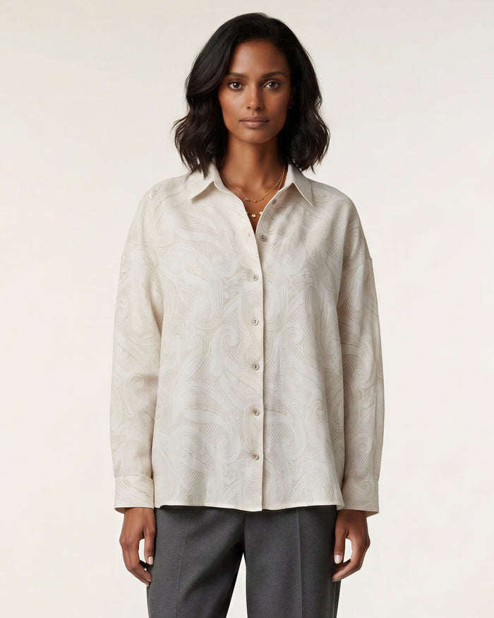 LYDIA CROCHET CROCHET PAISLEY IVORY WOMENS RELAXED LINEN SHIRT