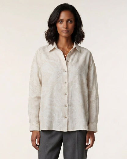 LYDIA CROCHET CROCHET PAISLEY IVORY WOMENS RELAXED LINEN SHIRT