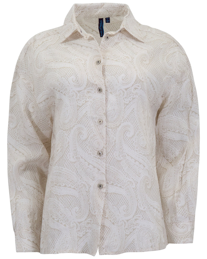 LYDIA CROCHET CROCHET PAISLEY IVORY WOMENS RELAXED LINEN SHIRT