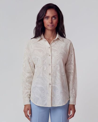 LYDIA CROCHET CROCHET PAISLEY IVORY WOMENS RELAXED LINEN SHIRT