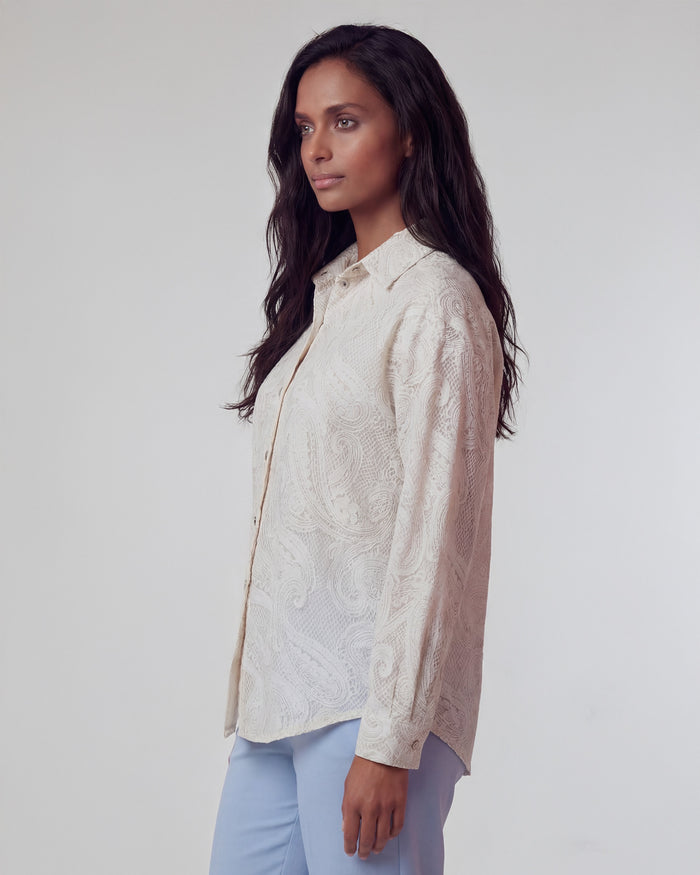 LYDIA CROCHET CROCHET PAISLEY IVORY WOMENS RELAXED LINEN SHIRT
