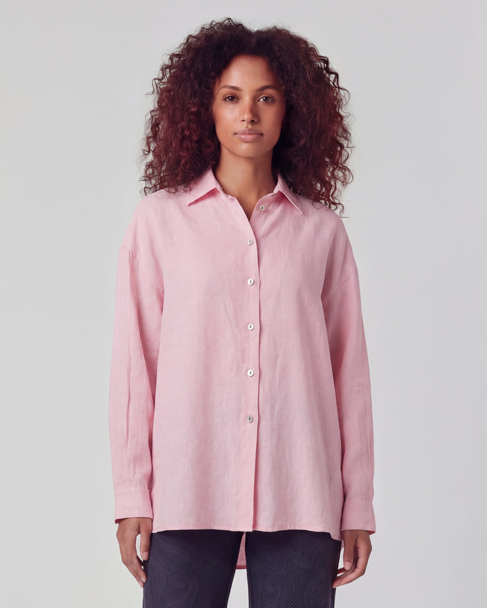 LYDIA CROCHET FRESH PINK WOMENS RELAXED LINEN SHIRT
