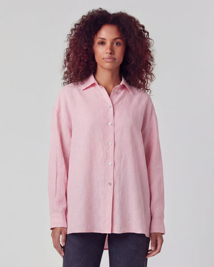 LYDIA CROCHET FRESH PINK WOMENS RELAXED LINEN SHIRT