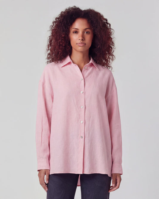 LYDIA CROCHET FRESH PINK WOMENS RELAXED LINEN SHIRT