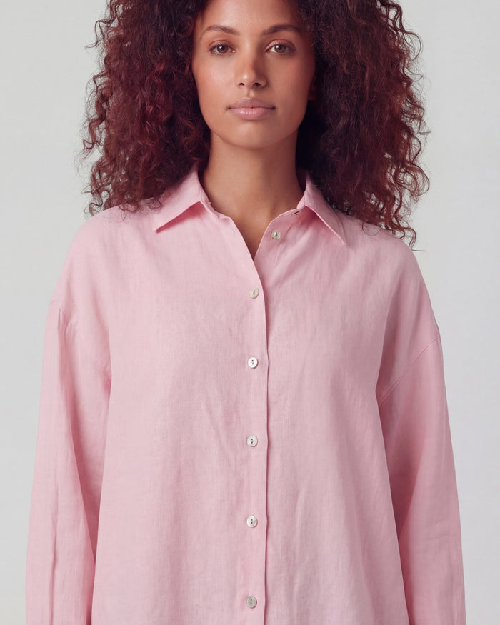 LYDIA CROCHET FRESH PINK WOMENS RELAXED LINEN SHIRT