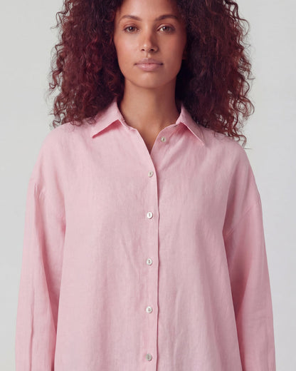 LYDIA CROCHET FRESH PINK WOMENS RELAXED LINEN SHIRT