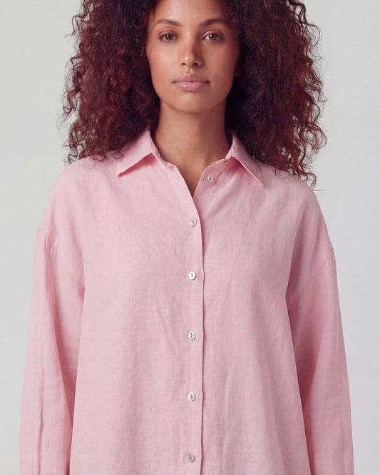 LYDIA CROCHET FRESH PINK WOMENS RELAXED LINEN SHIRT