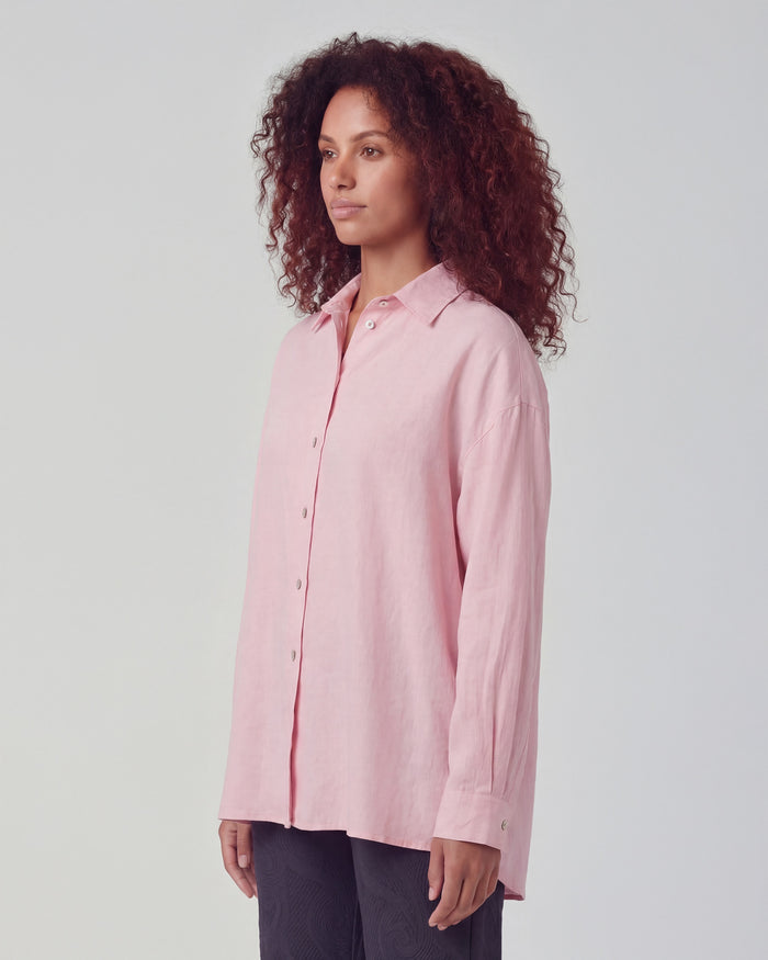 LYDIA CROCHET FRESH PINK WOMENS RELAXED LINEN SHIRT